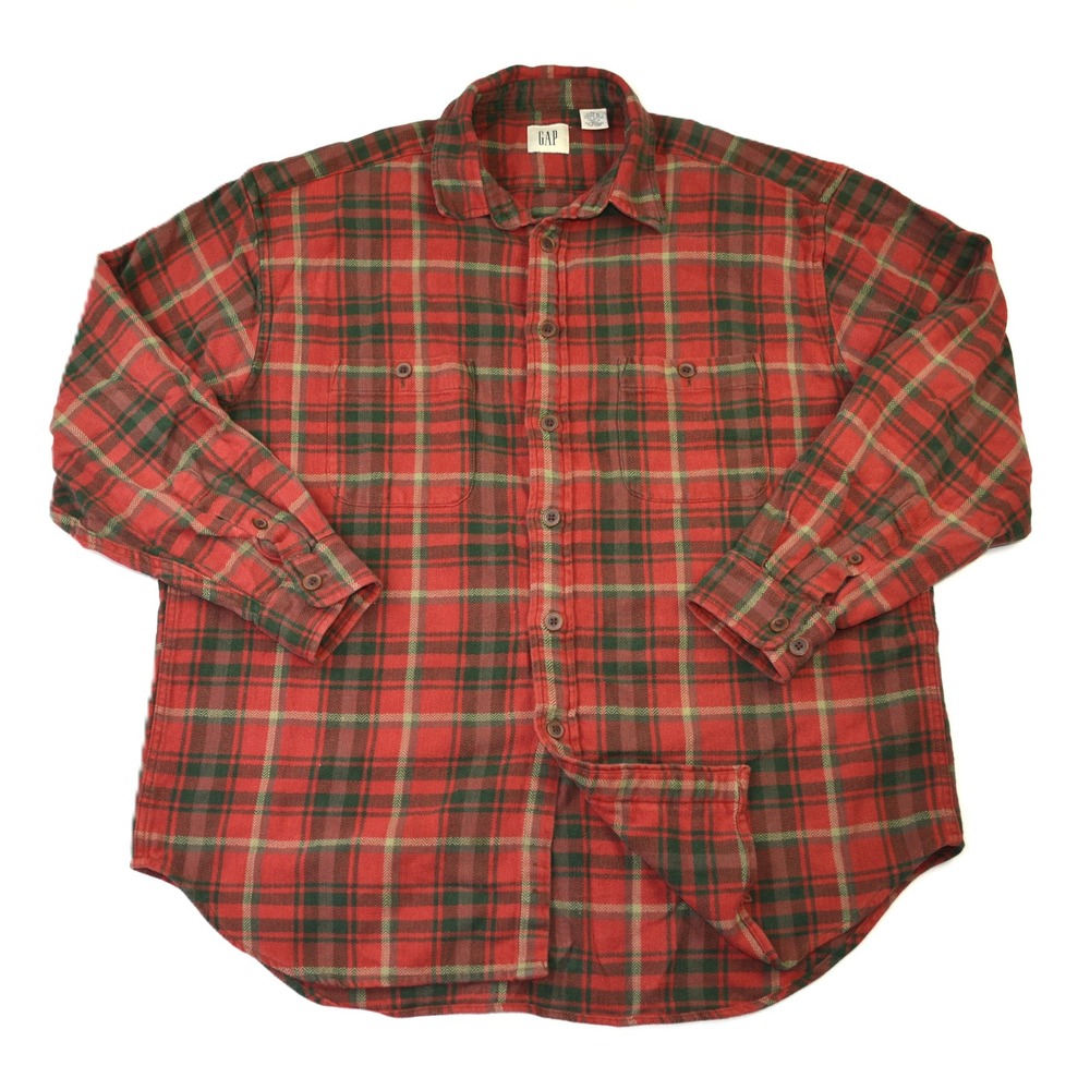 GAP Mens XL Red Green Plaid Flannel Shirt Heavy Cotton Long Sleeve 113050-02-1